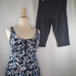 Ecupper Black and Blue Leaf Print 2 Piece Tankini Swimsuit